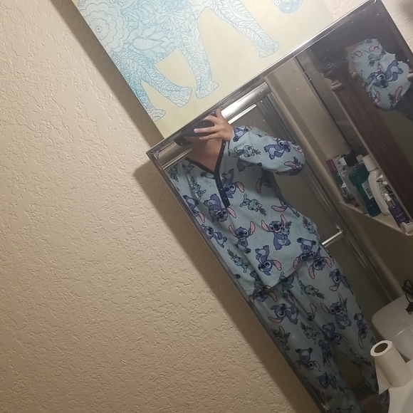 Stitch pajama set, long sleeve button up shirt and pajama pants. Light blue. - Picture 4 of 6